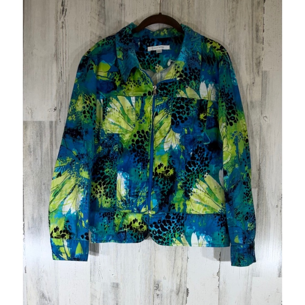 Erin London Zip Up Jacket XL Blue Green Abstract Floral Animal Print Art to Wear